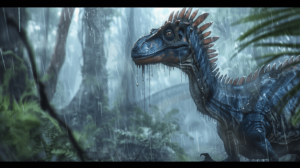 dilophosaurus with water dripping from its distinctive crests