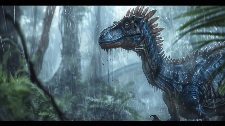 dilophosaurus with water dripping from its distinctive crests