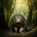 komodo dragon walking in the forest front facing