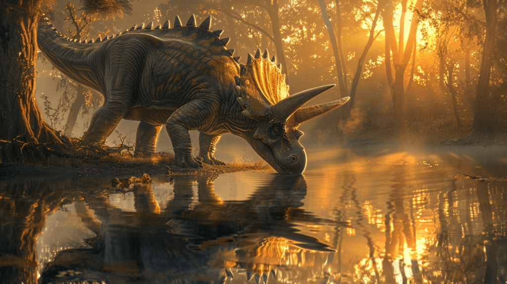 a lone Triceratops drinks from a crystal-clear lake at dawn