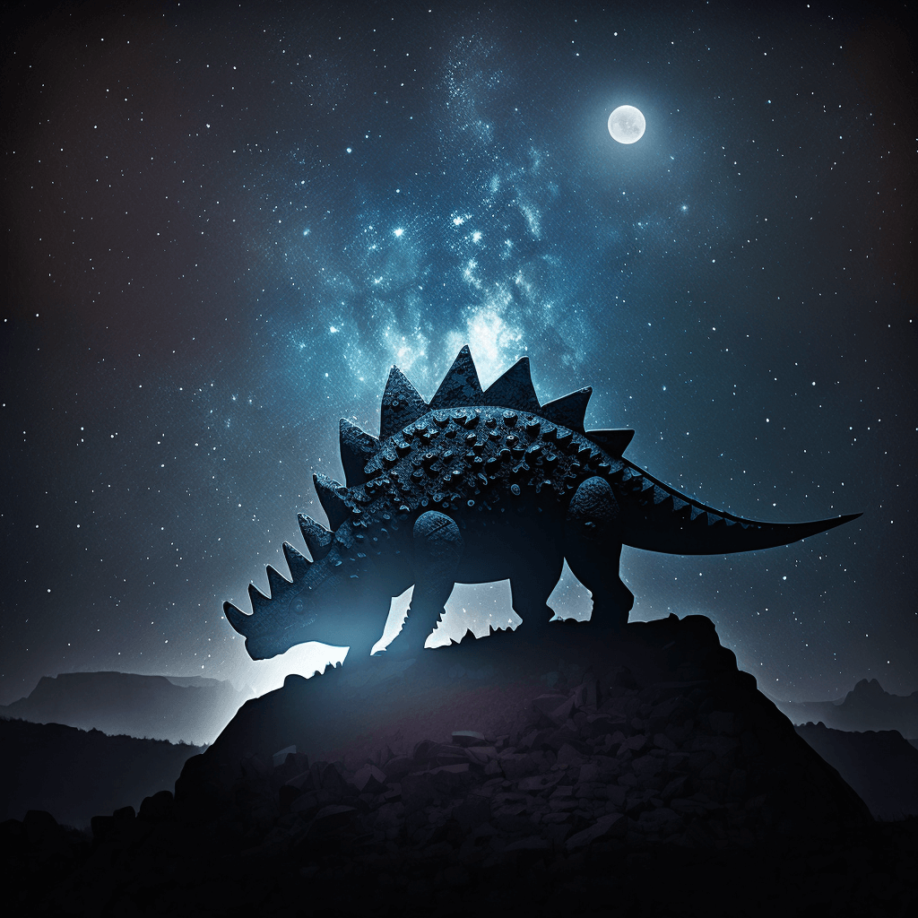 silhouette of a lone Stegosaurus standing atop a rocky hill, with a breathtaking panoramic view of a prehistoric valley in the background