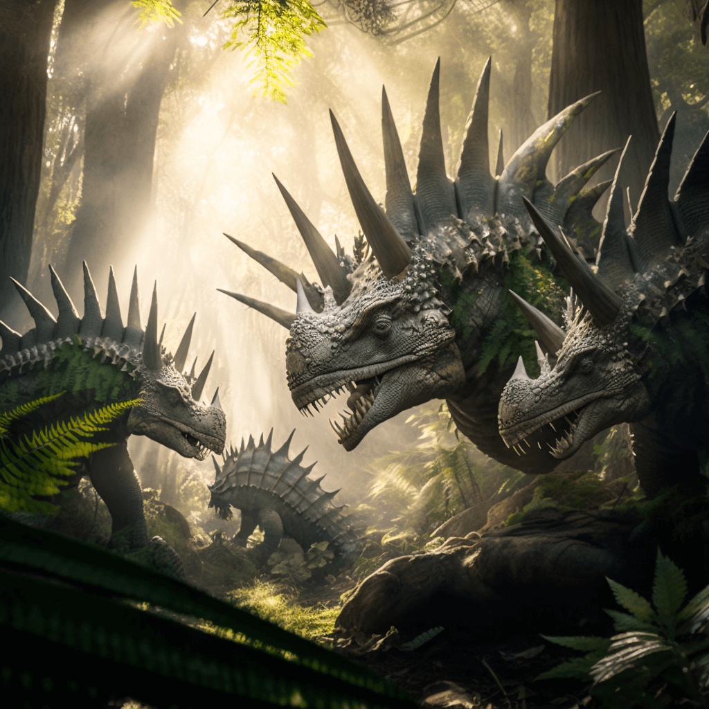stegosaurus family foraging in a dense fern covered forest