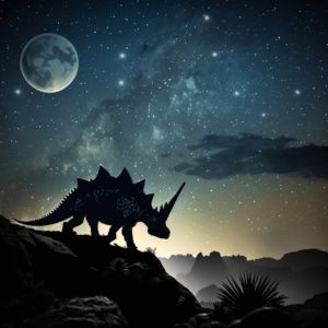 stegosaurus with starry sky background on top of a hill
