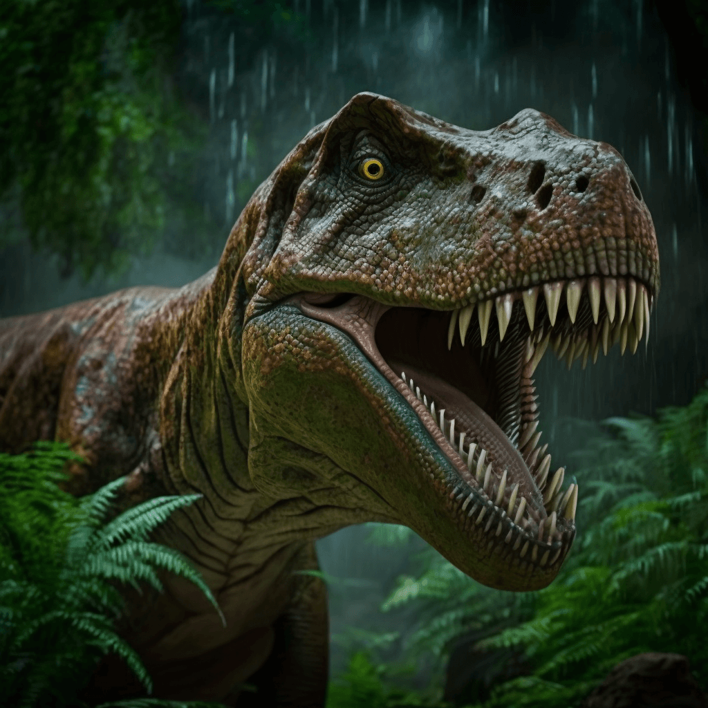 tyrannosaurus rex roaring in the rain