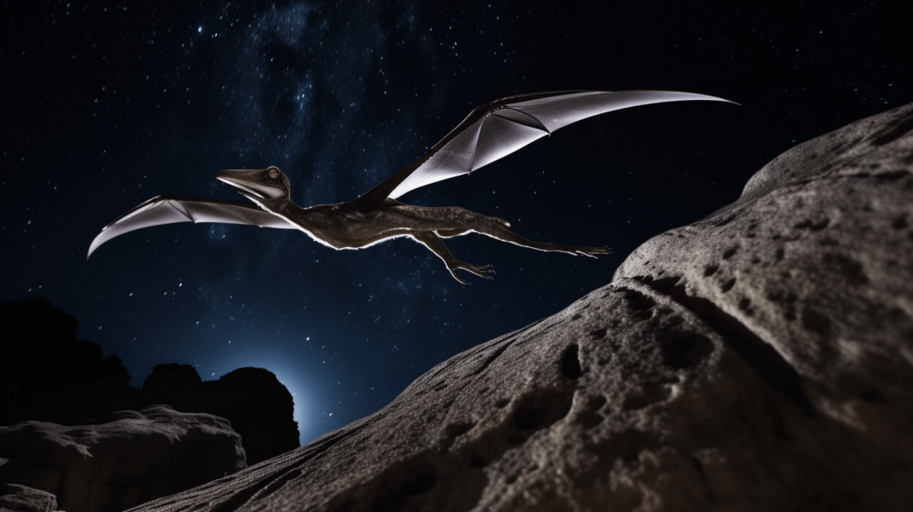 Pterosaur basking in the moon flying over a rocky mountaintop