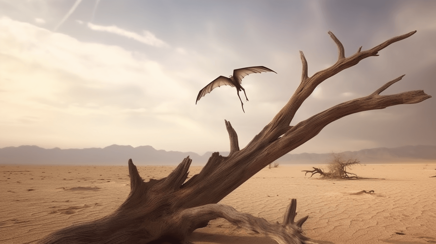 Pterosaur_perched_on_a_desolate_tree_in_a_barren_lands