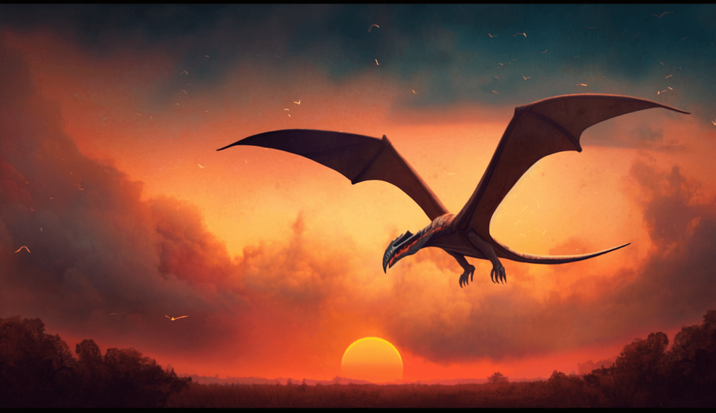 Pterosaur flying in the sky during a sunset