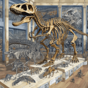 drawing of a t-rex fossil on display