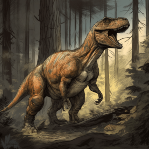 drawing of t-rex roaring in forest