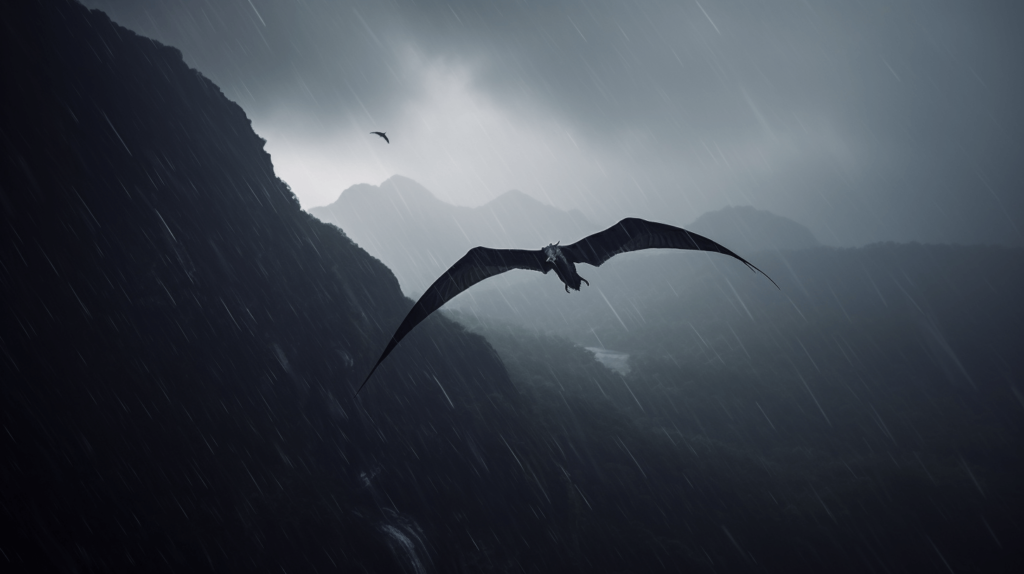 pterodactyl flying in a dreary storm