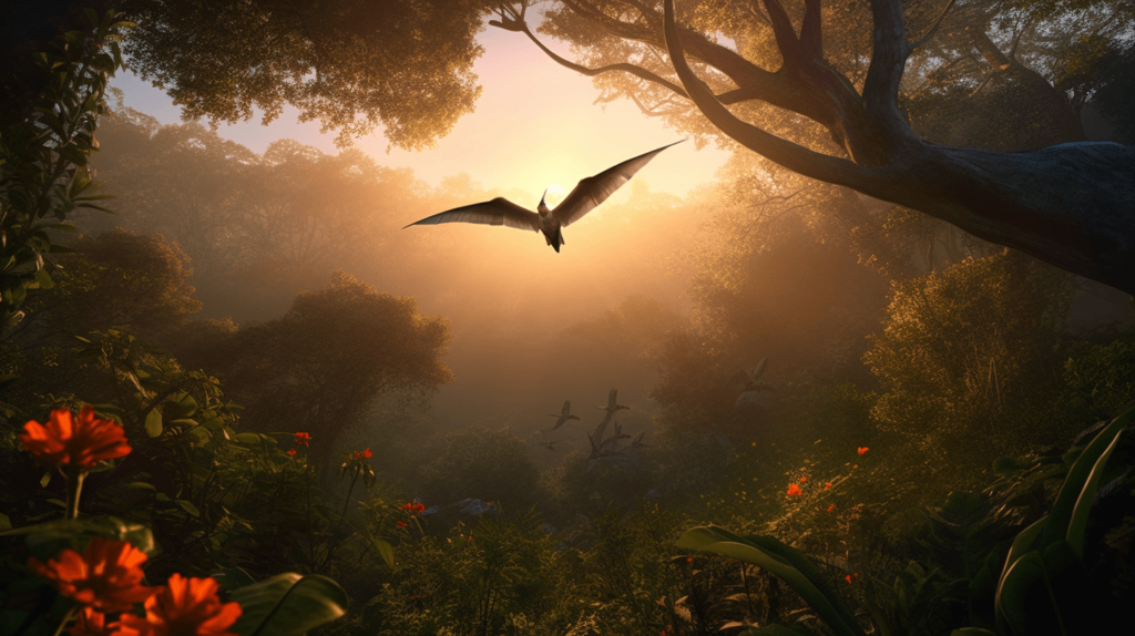 pterodactyl flying in forest