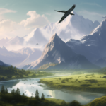 pterodactyl flying over a lake with mountain view