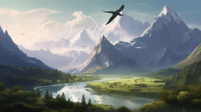 pterodactyl flying over a lake with mountain view