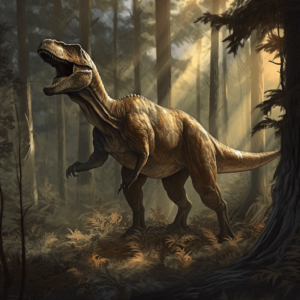t-rex roaring in forest