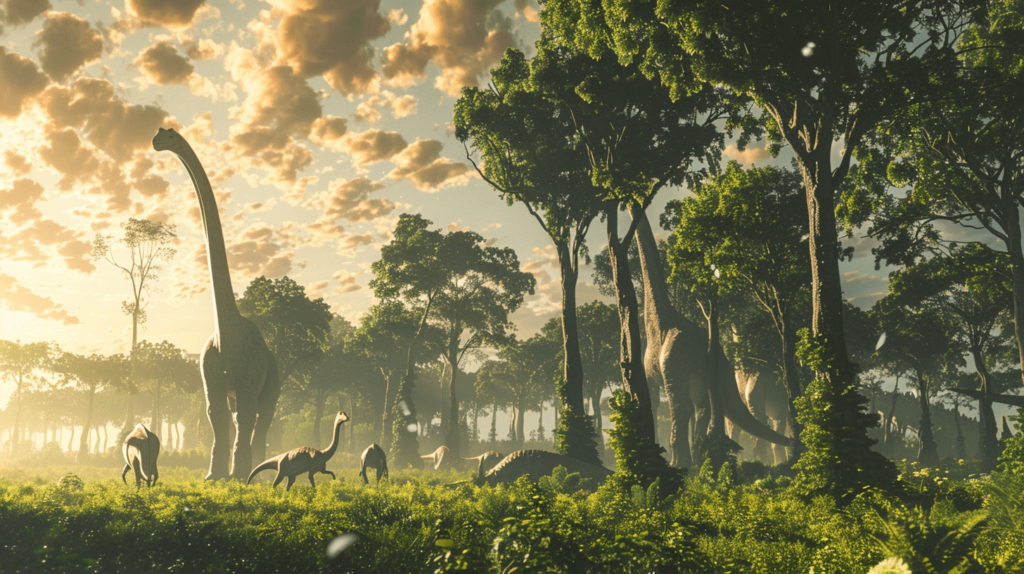 Diplodocus herd grazing on high trees in a lush Jurassic landscape