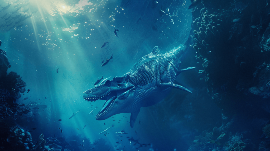Mosasaurus species against a deep ocean backdrop