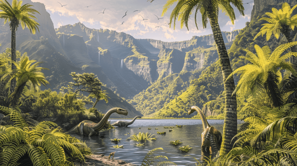 an image featuring a serene Jurassic landscape with a herd of Diplodocus grazing by a lake