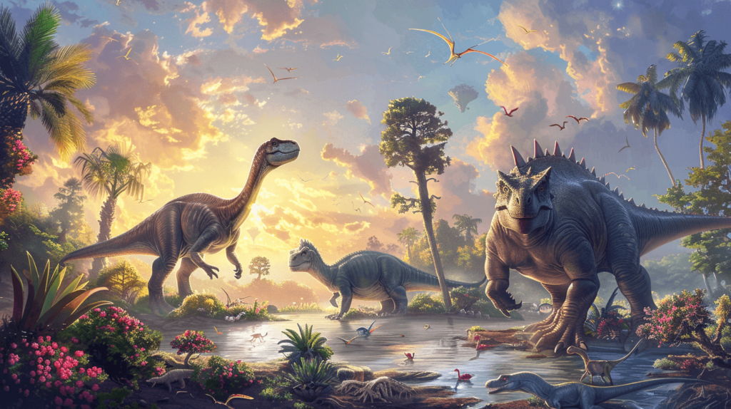 cretaceous dinosaurs featuring a landscape blooming with various ancient flowering plants