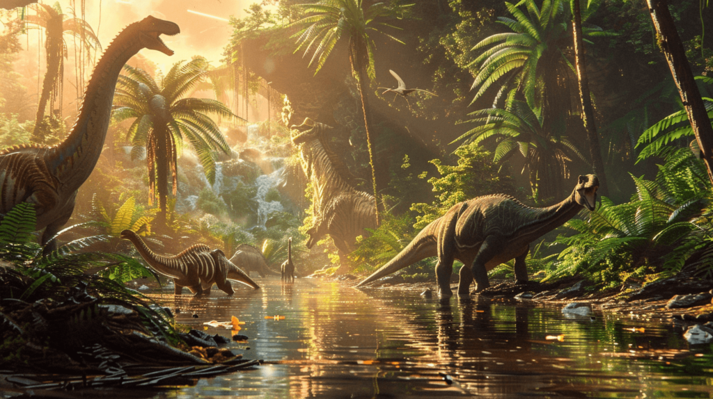 detailed scene of a group of Cretaceous dinosaurs gathering