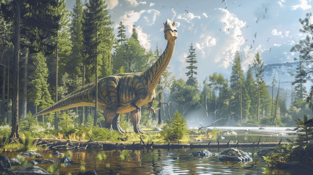 dinosaur amidst dense forests and rivers