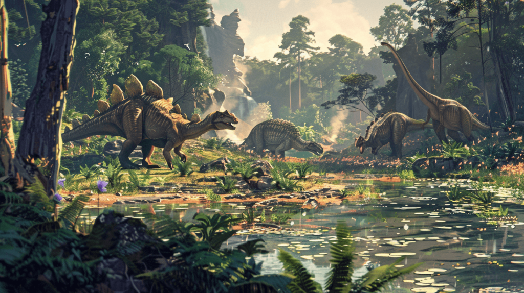 dinosaurs next to a clear river