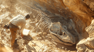 illustration of a scientist uncovering a large, well-preserved ichthyosaur fossil in a cliffside