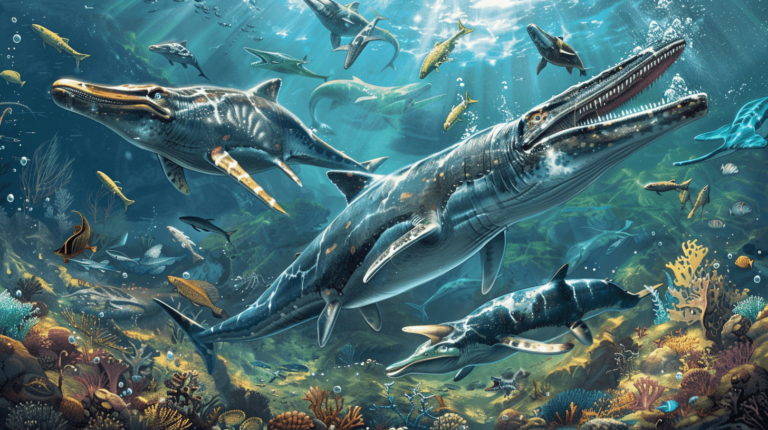 illustration showcasing diverse ichthyosaurs swimming in a vibrant ancient ocean