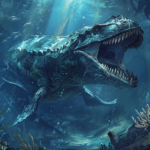 mosasaurus emerging from the ocean depths