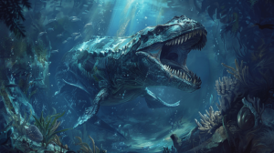 mosasaurus emerging from the ocean depths