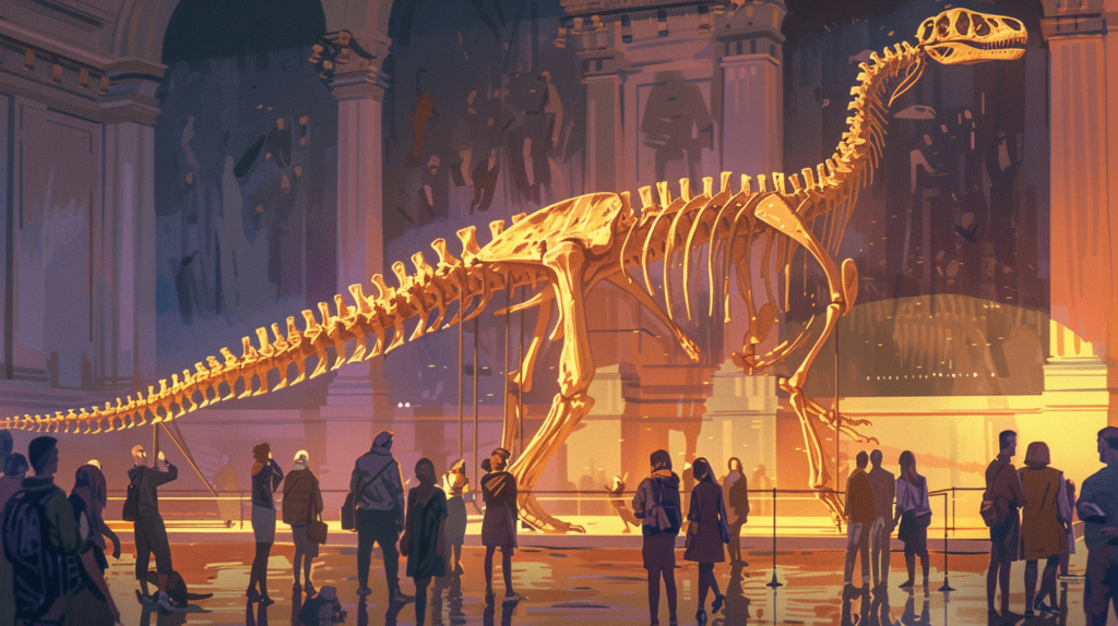 painting of a Diplodocus skeleton in a museum setting
