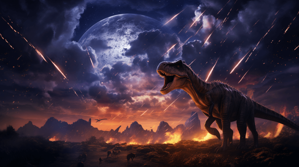 the triassic period during the dinosaur extinction event with meteor showers in the sky