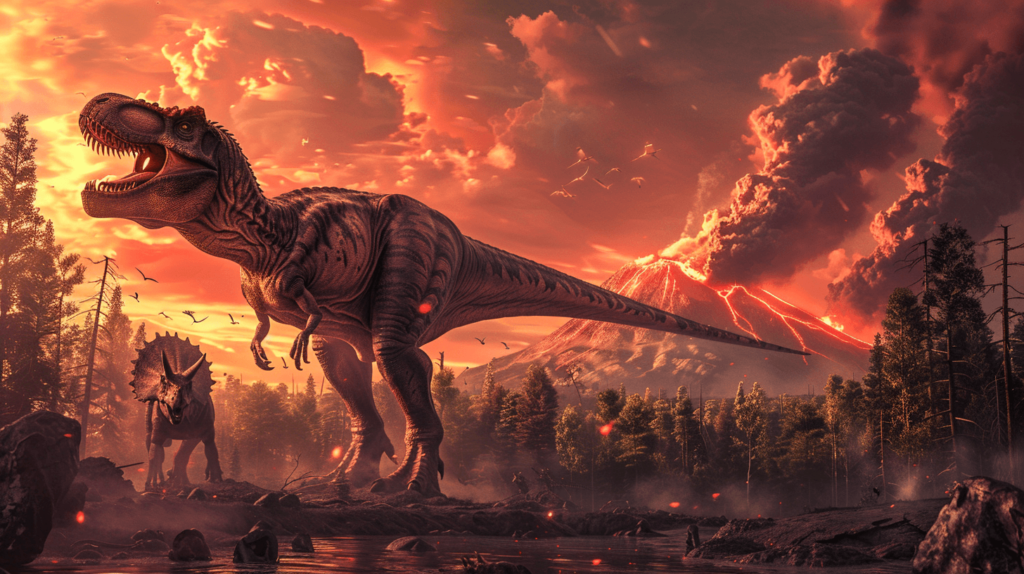 trex and triceratops under reddish dusk sky