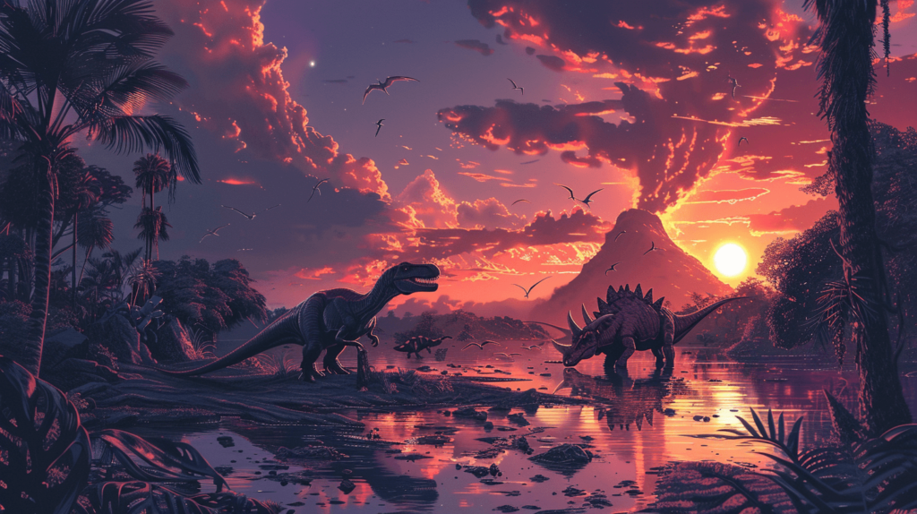 vivid Cretaceous landscape at twilight
