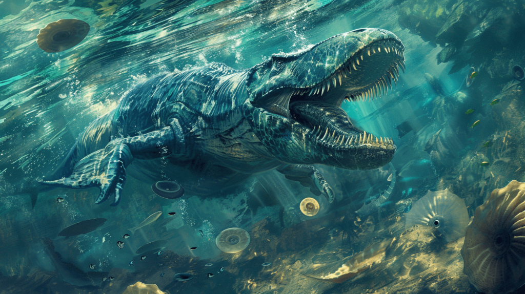 Mosasaurus underwater lunging at a group of ammonites
