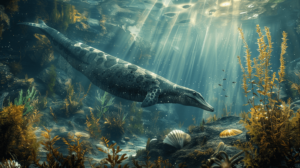 Plesiosaur gracefully swimming near the ocean floor