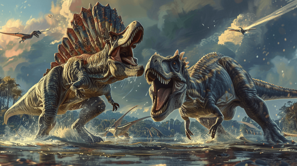 Spinosaurus and a T. Rex side by side in contrasting environments