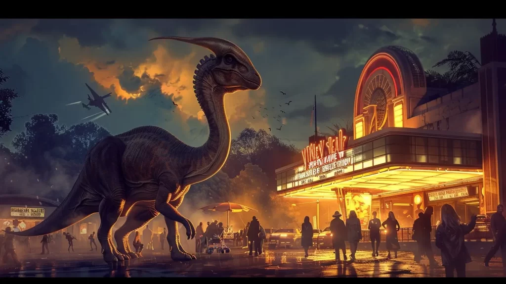 a Parasaurolophus in a dynamic pose in front of a movie theater