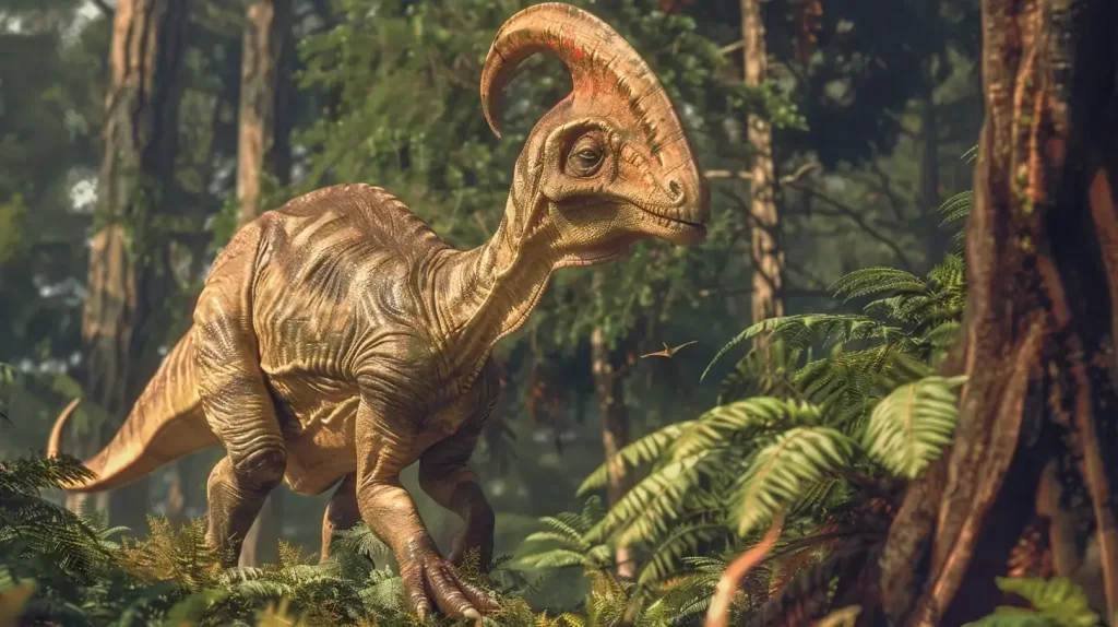 a Parasaurolophus showcasing its distinct long, backward-curving cranial crest, detailed skin texture, and body proportions