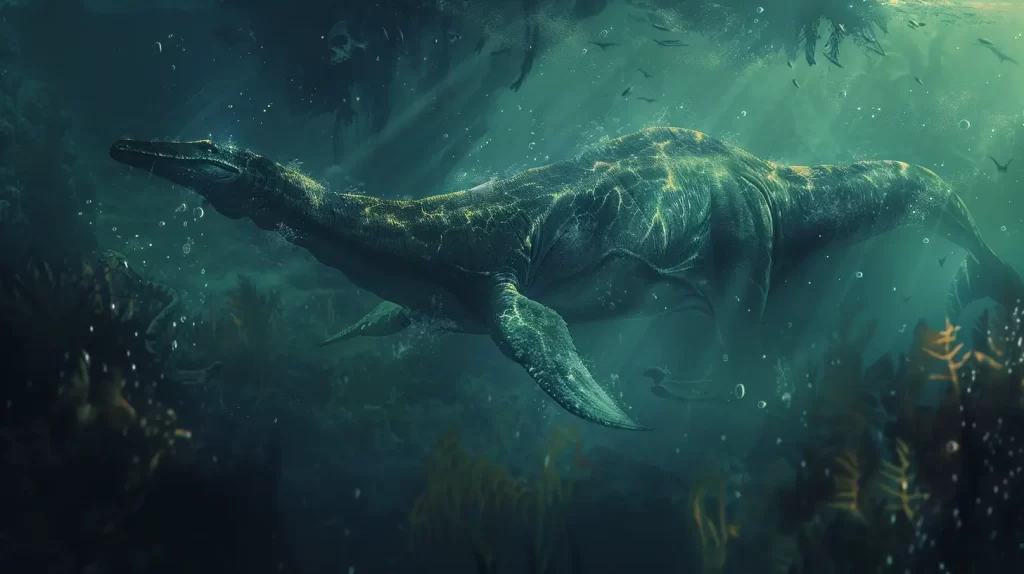 a detailed Elasmosaurus with a focus on its long neck, flippers, and small head, highlighting scale texture and size