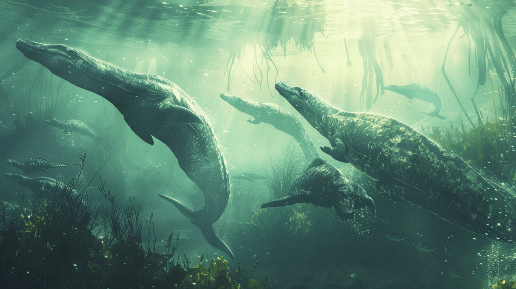 a group of Plesiosaurs interacting in an ancient ocean