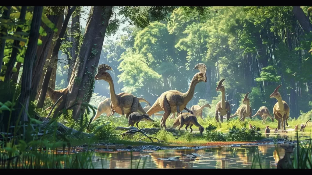 a herd of Parasaurolophus interacting