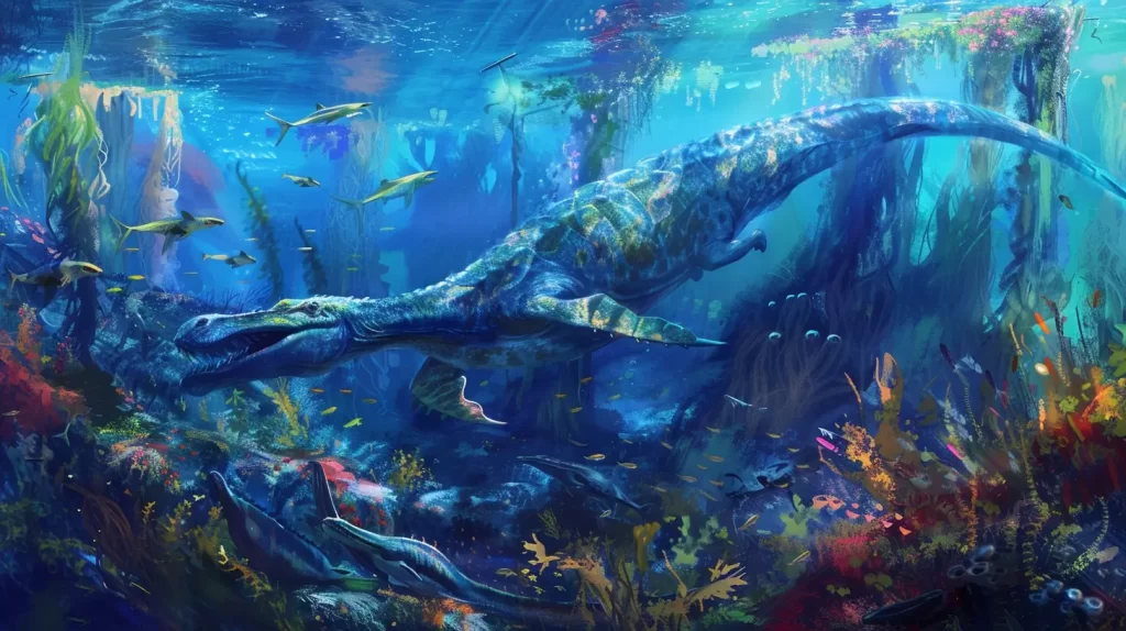 an Elasmosaurus in a deep, vibrant prehistoric ocean, gracefully navigating through kelp forests