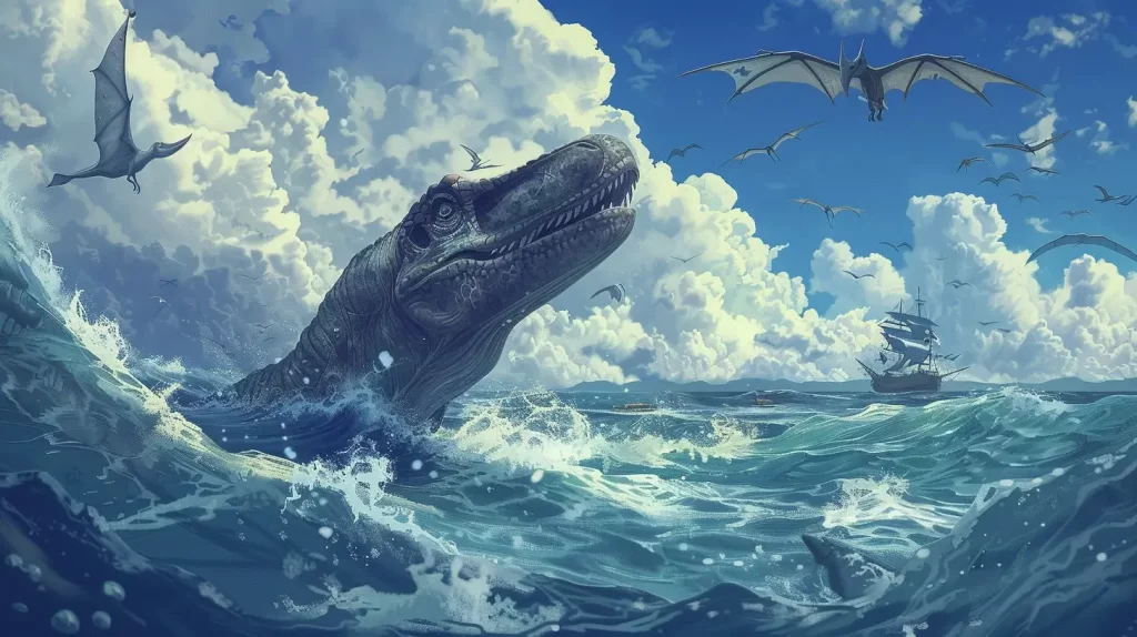 an Elasmosaurus peeking above ocean waves, gazing curiously at a flock of pterosaurs flying above