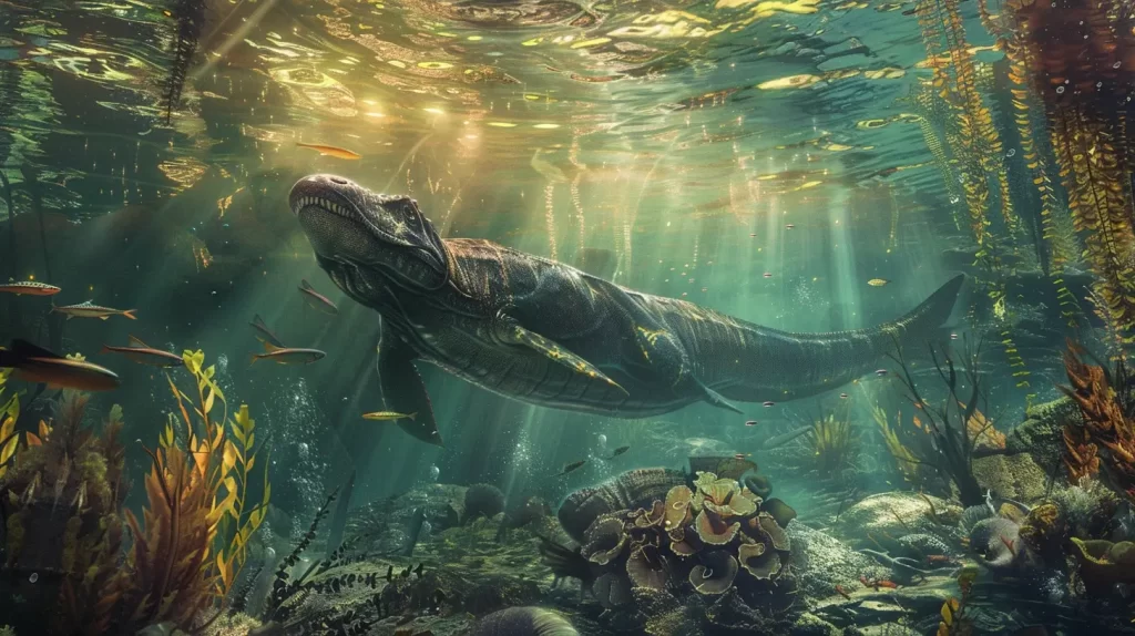 an Elasmosaurus underwater, surrounded by marine plants, with a school of fish nearby