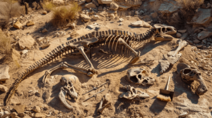 an excavation site with multiple velociraptor fossils