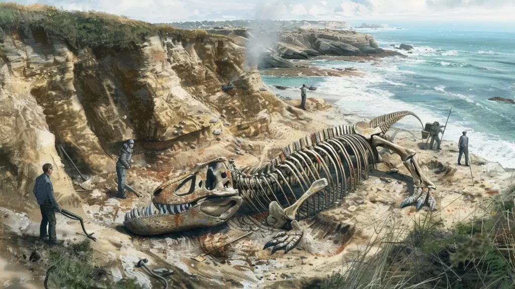 an image of a partially unearthed Elasmosaurus skeleton in a dig site, with archaeologists meticulously working around it
