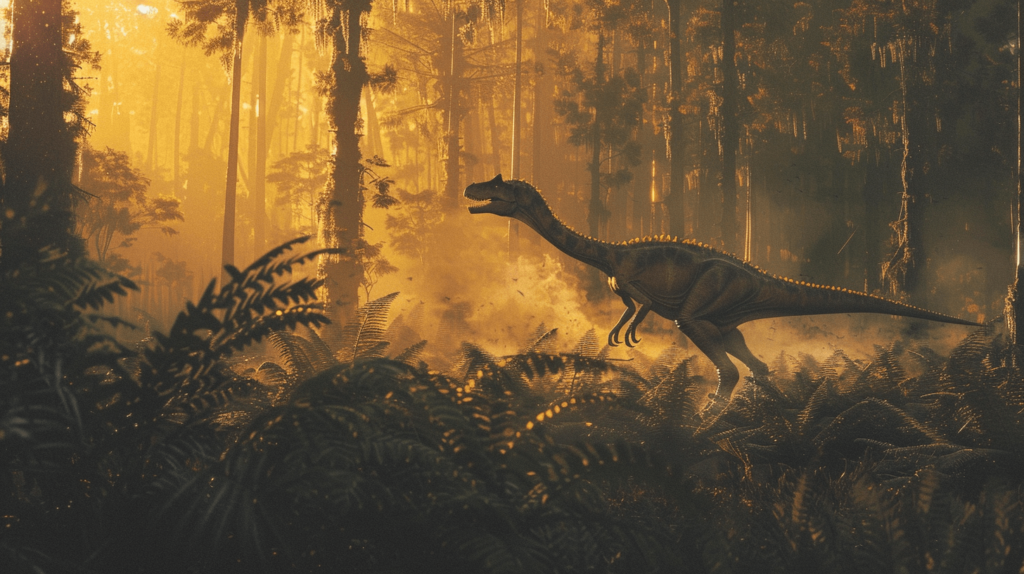 dilophosaurus at the rising sun casts long shadows