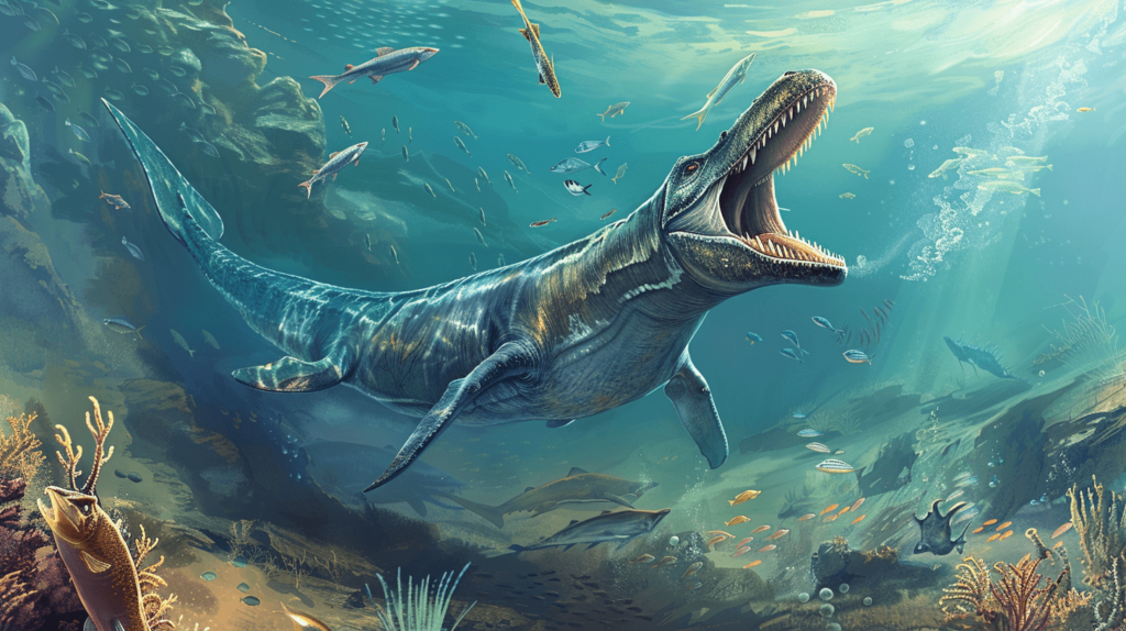 plesiosaur with a detailed view of its mouth open