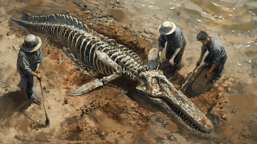 scientists excavating a plesiosaur fossil