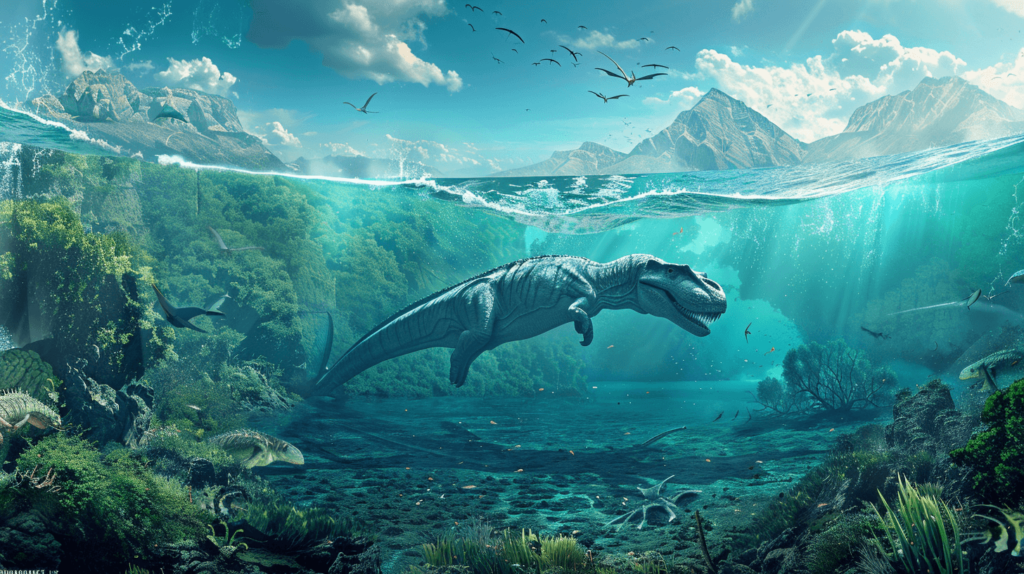 vast prehistoric ocean with diverse underwater landscapes, featuring Mosasaurus swimming near the surface